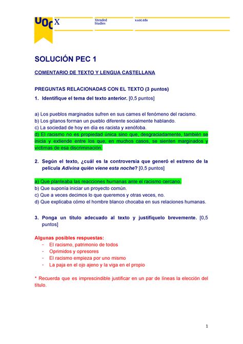 Solución PEC1A CAST pec 1 castellano SOLUCIÓN PEC 1 COMENTARIO DE