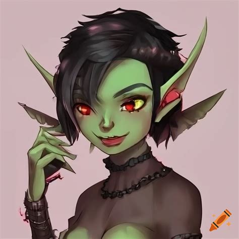 Anime Character Of A Goblin Girl With Short Black Hair And Red Eyes On