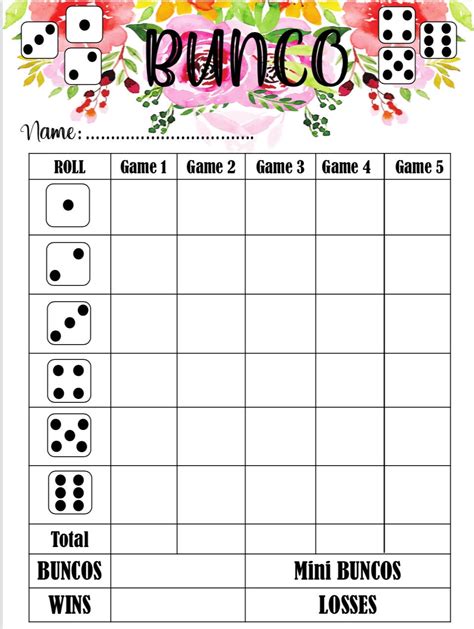 Floral Bunco Score Card Bunco Scoresheet Bunco Score Pads Printable