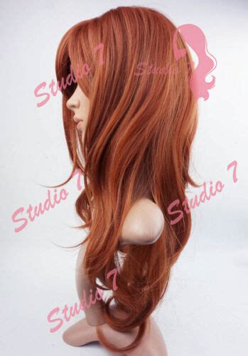 W63 Auburn Ginger Mix Long Wavy Ladies Wig Synthetic Skin Top Natural Look Ebay