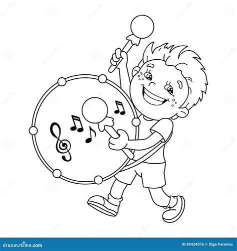 Coloring Page Outline Of Cartoon Boy Playing The Drum Stock Vector