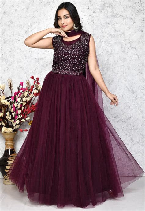 Buy Embroidered Net Abaya Style Suit In Wine Online Key Utsav Fashion