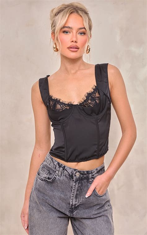 Black Satin Lace Bust Boned Corset Tops Prettylittlething Usa