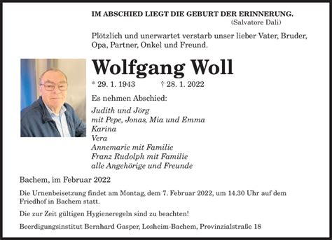 Traueranzeigen Von Wolfgang Woll Saarbruecker Zeitung Trauer De