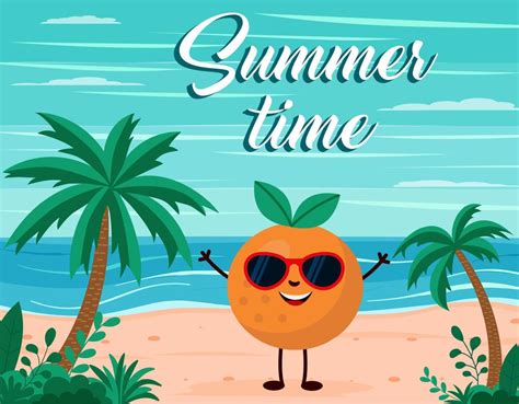 Funny summer beach background with orange fruit character. Cartoon style. Summer time postcard ...