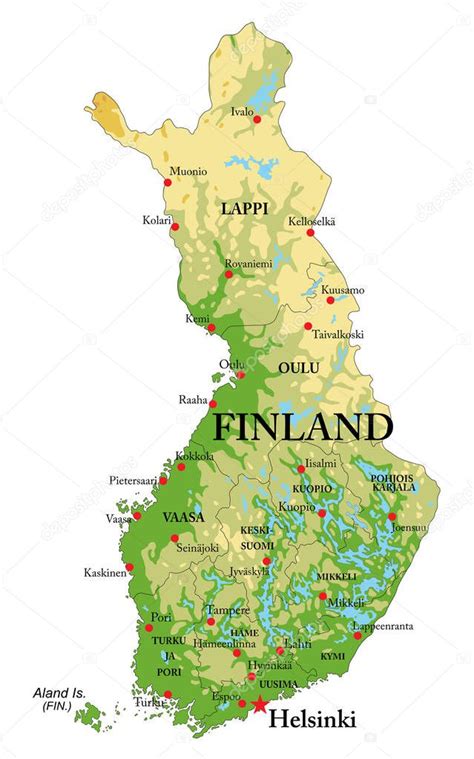 Mapa físico altamente detallado de Finlandia en formato vectorial con