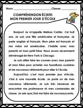 French Reading Comprehension Le Premier Jour d École Back to School