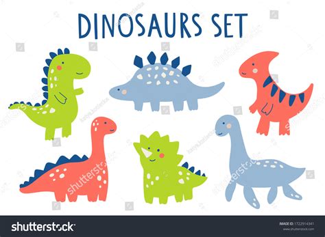 Vector Illustration Cute Kawaii Dinosaur Set Stock Vector Royalty Free