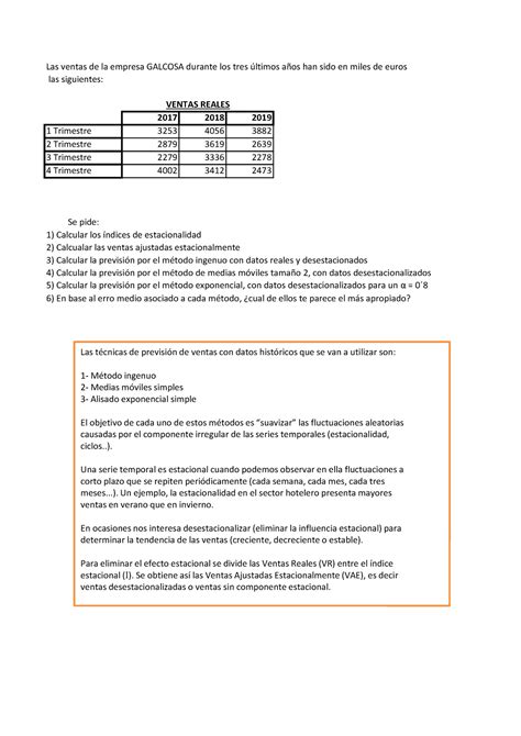 Ejemplo De Previsi N De Ventas Las Ventas De La Empresa Galcosa