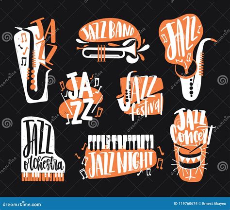 Set Of Jazz Music Lettering Handwritten With Calligraphic Font And