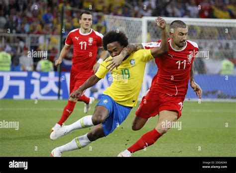 Brasils Willian Battles Serbias Aleksandar Kolarov During The 2018