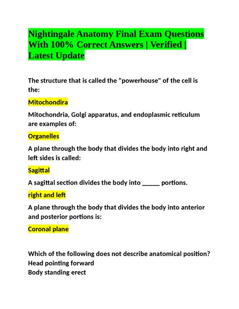 Nightingale Anatomy Final Exam Questions With Correct Answers