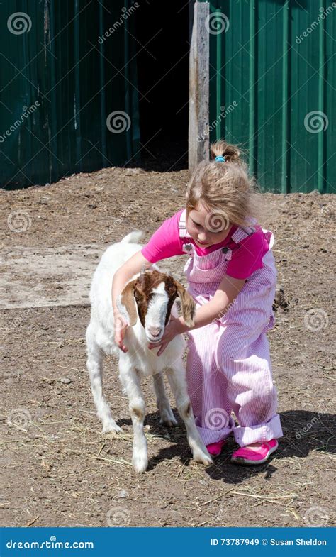 Little Girl With Baby Goat On The Farm Stock Image Image Of Fresh