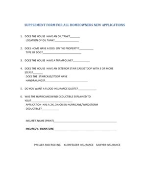 Fillable Online Home Insurance Supplement Form Kleinfelder Insurance