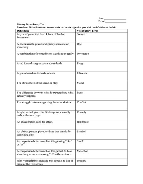 Literary Terms Test Answers ENotes