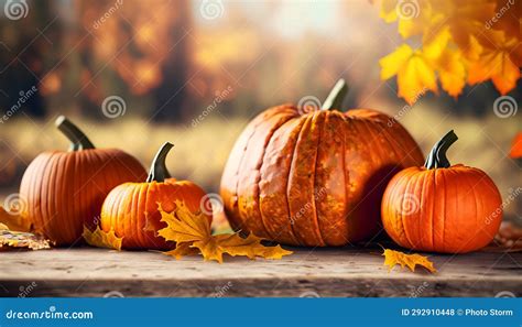 Harvest Bounty Pumpkins On Rustic Table For Halloween Stock