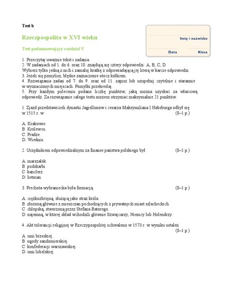 Sprawdzian Polska W XVI Wieku Klasa PDF 55 OFF