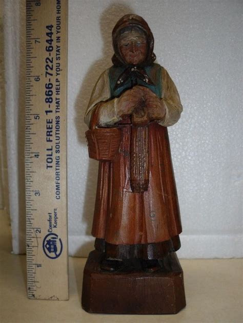 Vintage Hand Carved Folk Art Wood Painted Figure Older Woman Knitting