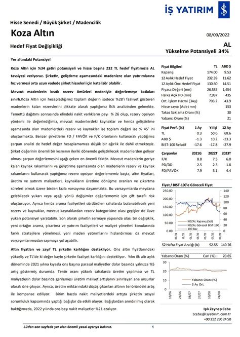 Hedef Fiyat on Twitter İş Yatırım Koza Altın için hedef fiyatını