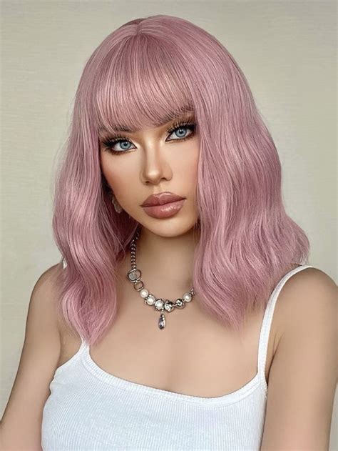 Rosa Collar Fibra Sint Tica Pelucas De Flequillo Embellished Short Wigs