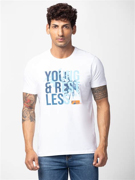 Spykar Men White Cotton Regular Fit Half Sleeve Printed T Shirt