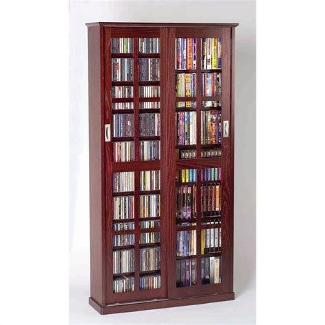 Leslie Dame 62 Sliding Door Inlaid Glass Media Cabinet In Dark Cherry