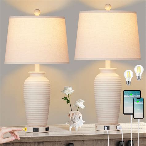 Cinkeda 24 Touch Control Table Lamps Set Of 2 With Usb Type C Ports Ac Outlet Farmhouse White