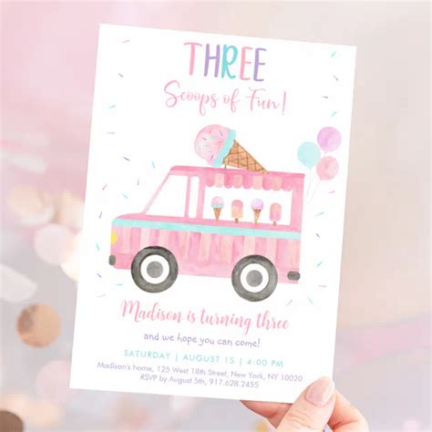 Pink Ice Cream Truck Three Scoops Of Fun Birthday Invitation Zazzle