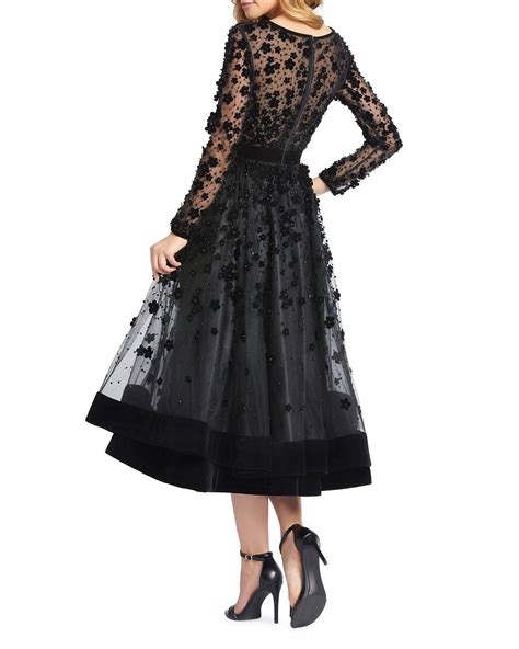 Mac Duggal Long Sleeve Tea Length Floral Applique Cocktail Dress In