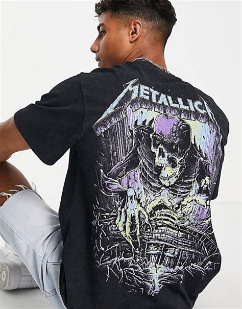 Pullandbear Metallica Acid Wash T Shirt In Black Asos