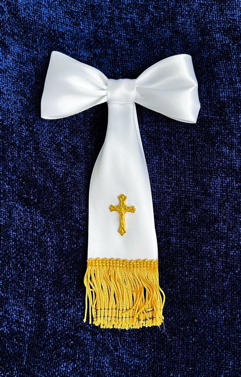 First Communion Arm Bow White Ribbon With Gold Cross Etsy