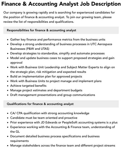 Finance And Accounting Analyst Job Description Velvet Jobs