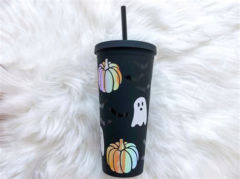 Halloween Pumpkin Bat Ghost Matte Black Tumbler With Straw Fall Themed Iced Coffee Cup Halloween