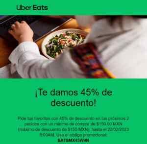 Cupón Uber Eats 45 de descuento en 2 pedidos