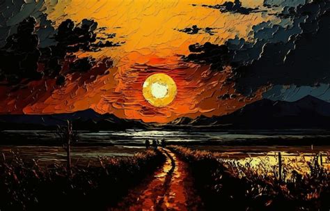 Premium Photo | A painting of a road leading to the sunset.