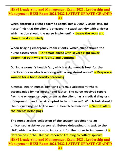 HESI Leadership And Management Exam 2021 Leadership And Management