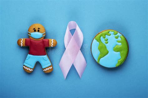 Cinta Rosa Y Panecillos Y Planeta Tierra En Fondo Azul D A Mundial De