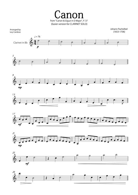 Canon By Pachelbel Easy Version For Clarinet Solo Arr Iury Cardoso Partitions Johann