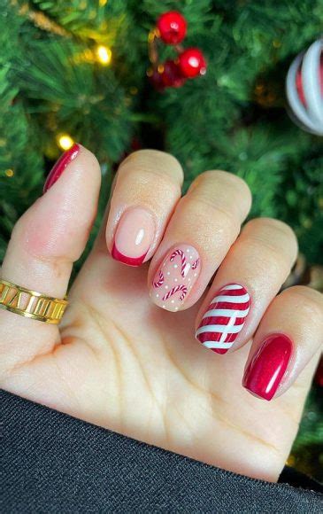 50 Stylish Festive Nail Designs Candy Cane Red Tip Nails