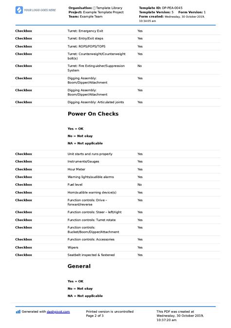 Excavator Pre Start Checklist Free Editable For Any Excavator