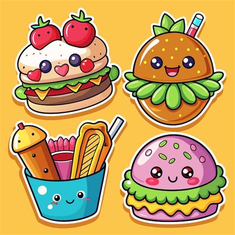 Premium Vector Set Of Four Cute Cartoon Fast Food Stickers