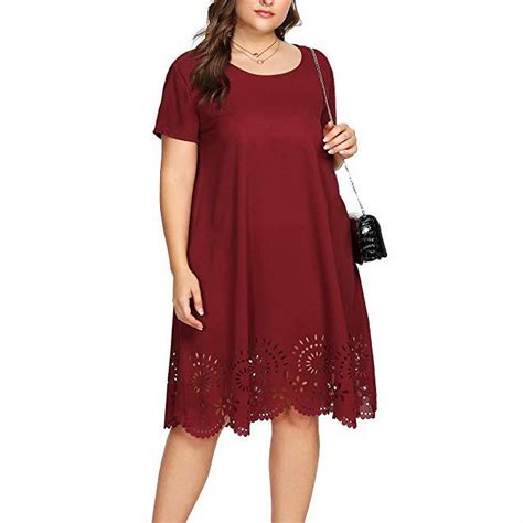 Plus Size Dress Clearance Plus Size Fashion Women Solid Short Sleeve O Neck Hollow Out Casual