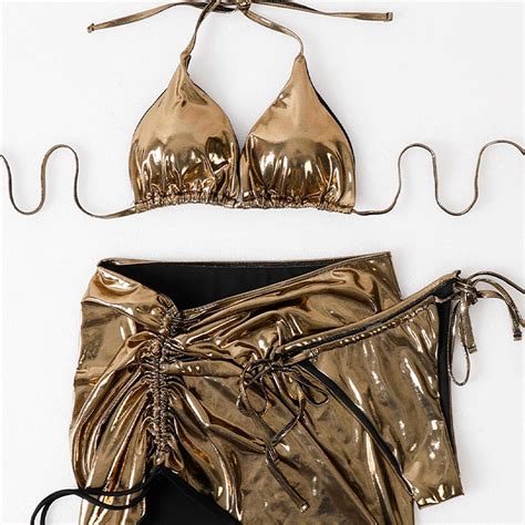New Design Hot Sexy Solid Color Gilded Glossy Lace Up Cover Up Piece Set Swimsuit Bikini