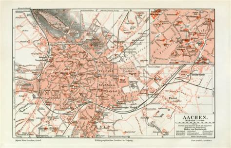 AACHEN HISTORISCHER STADTPLAN Karte Lithographie Ca 1902 Antike