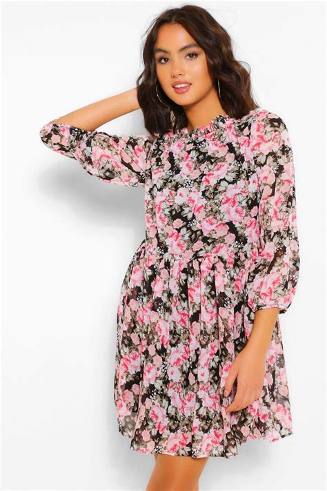 Womens Floral Print Balloon Sleeve Smock Dress Boohoo Uk