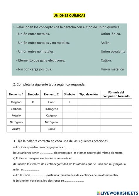 Uniones químicas interactive worksheet Workbook School subjects