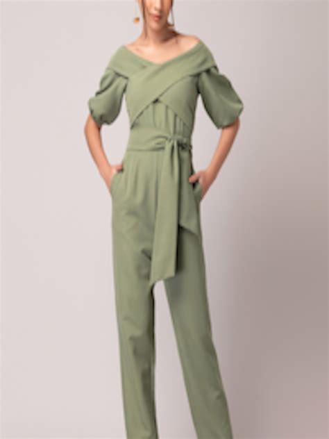 Buy FabAlley Green V Neck Front Tie Up Basic Jumpsuit Jumpsuit For