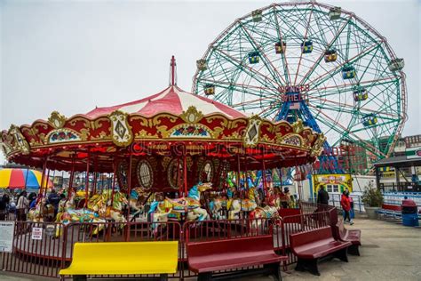 Coney Island Carousel And Wonder Wheel At The Coney Island Amusement