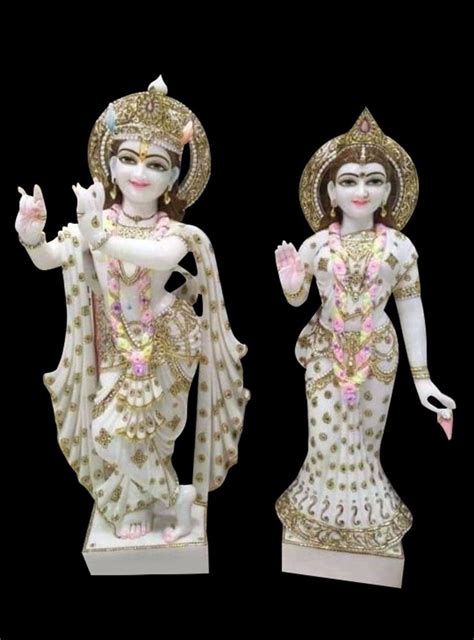 Painted Hindu Makrana Marble Radha Krishna Statue For Temple Size 2