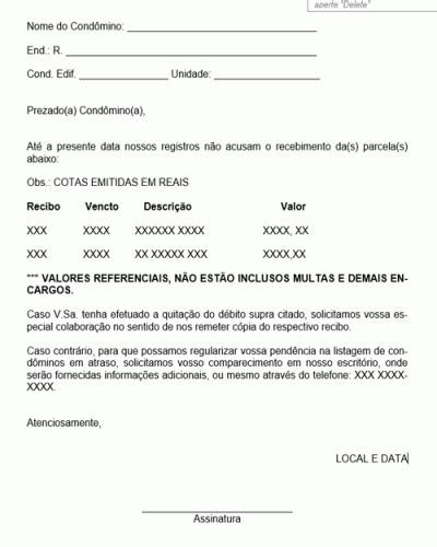 Referência de Carta de Cobrança de Condomínio Modelo Gratuito